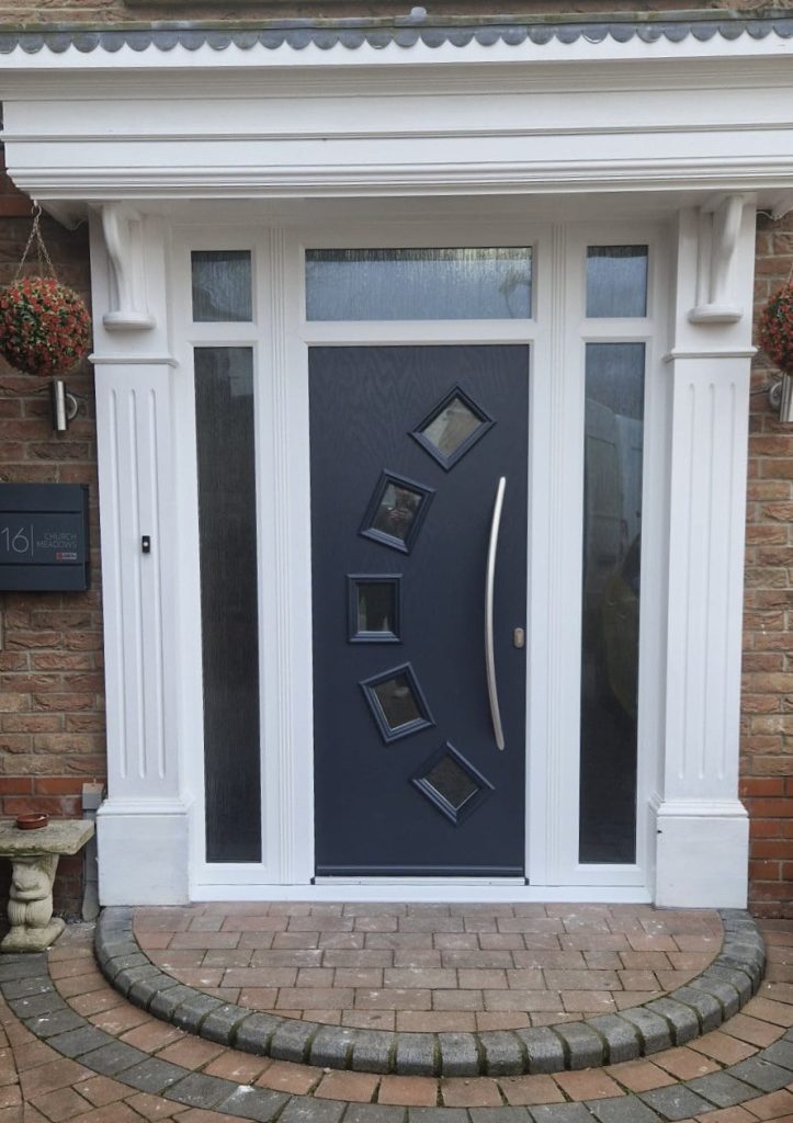 Anthracite composite door with double glazed side screens and door surround installed on a Lincolnshire home